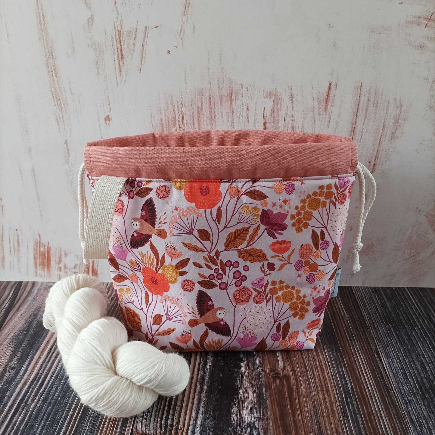 Projekttasche mit Kordelzug Größe S | Motiv Eulen rosa