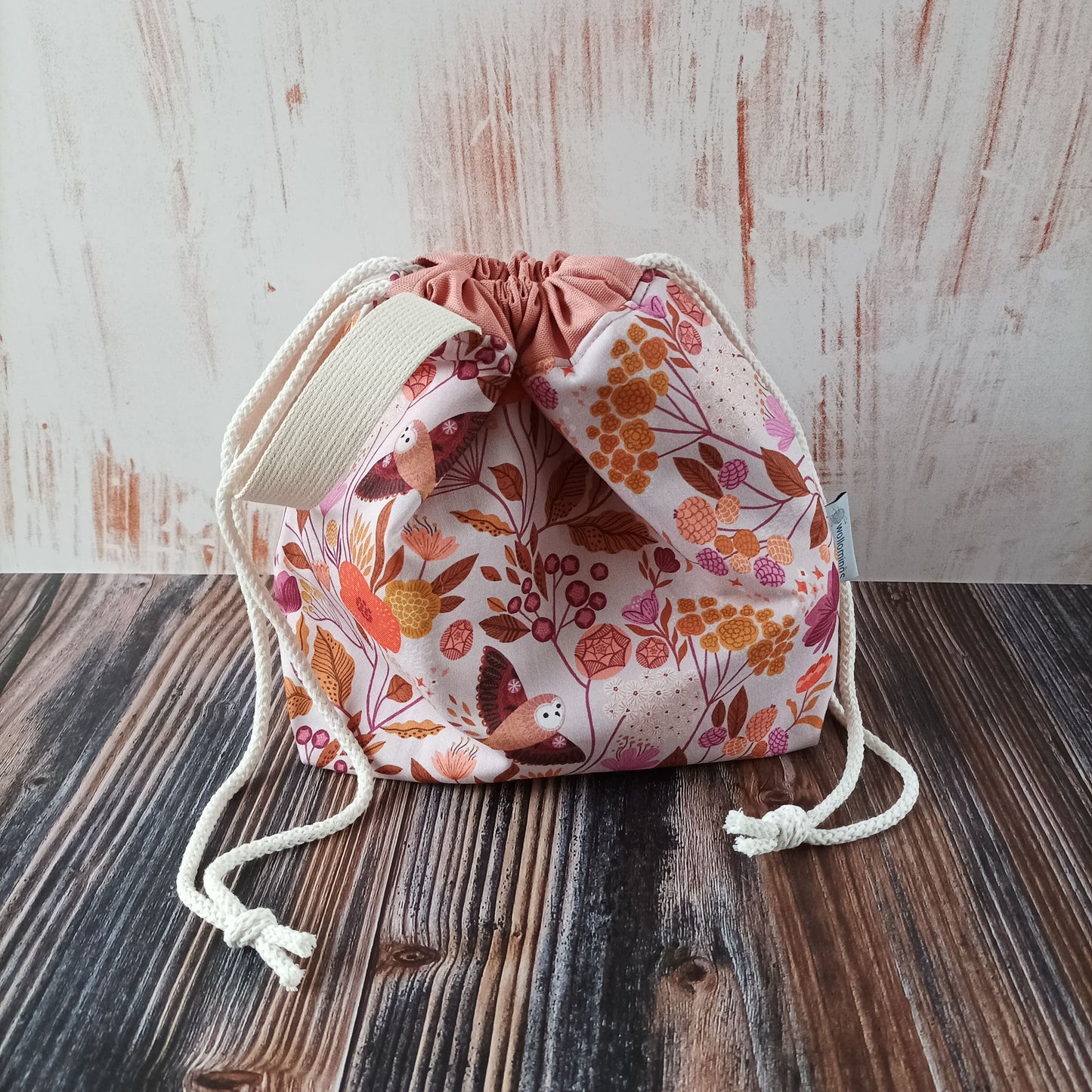Projekttasche mit Kordelzug Größe S | Motiv Eulen rosa