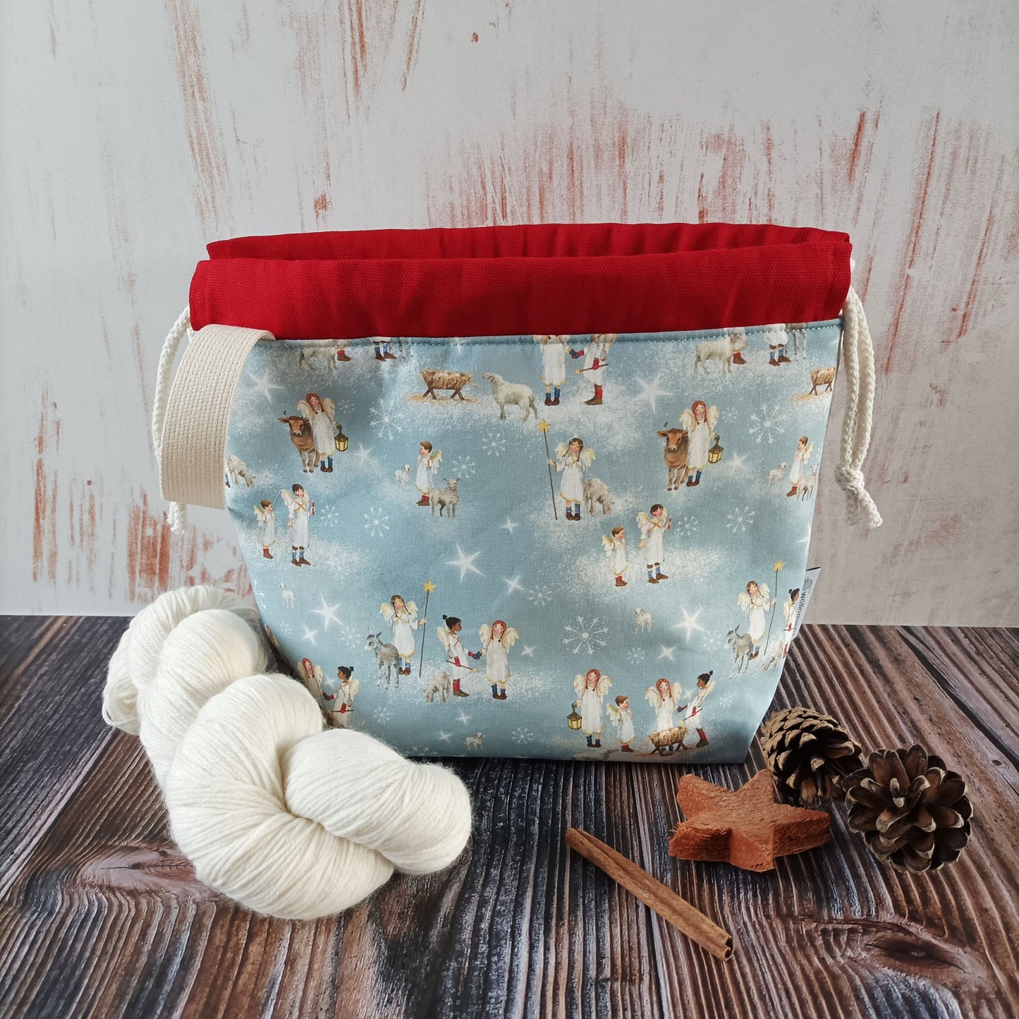 Projekttasche mit Kordelzug Größe S | Motiv Weihnachtsengel rot