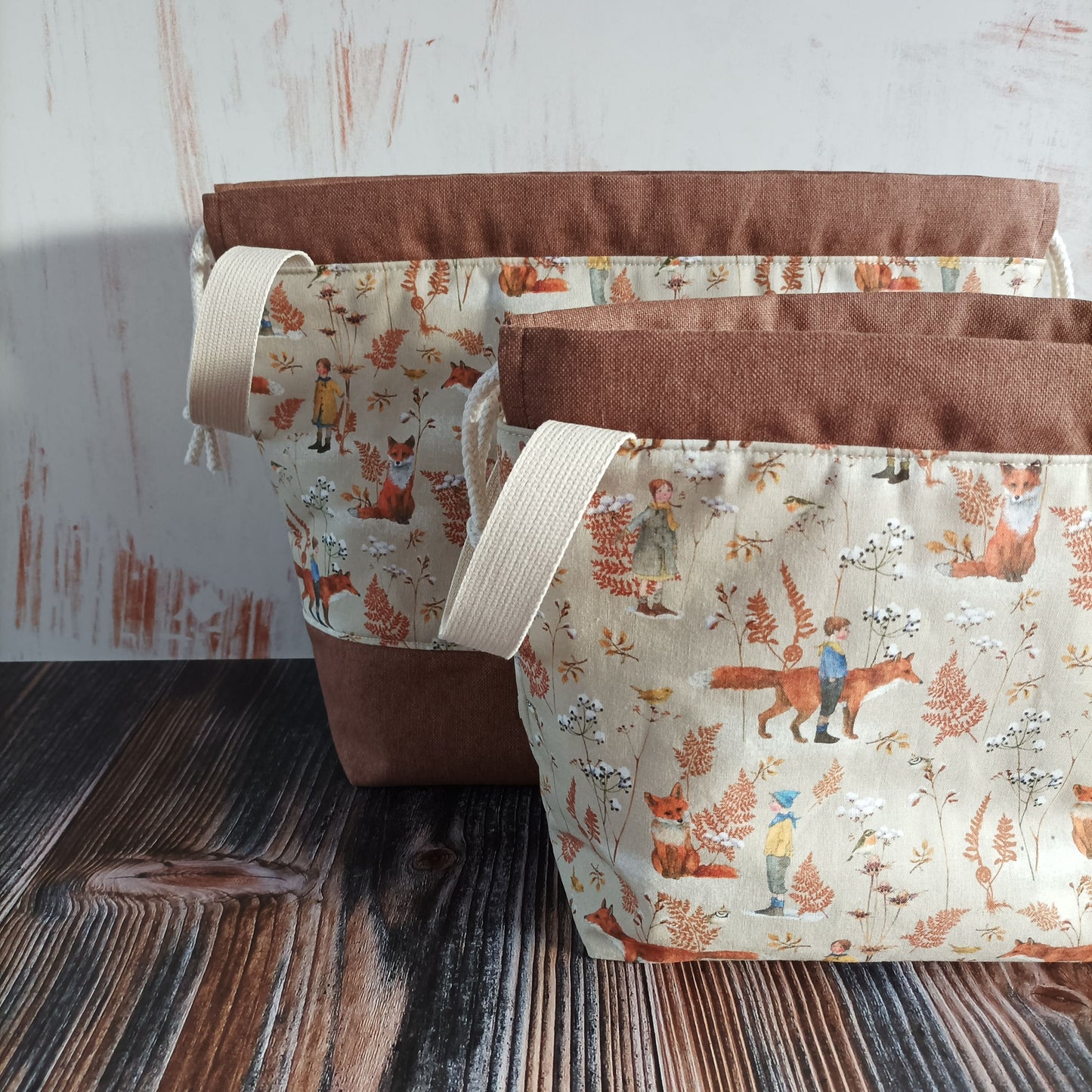 Projekttasche mit Kordelzug und Henkeln Größe M | Motiv Fuchsliebe (braun)