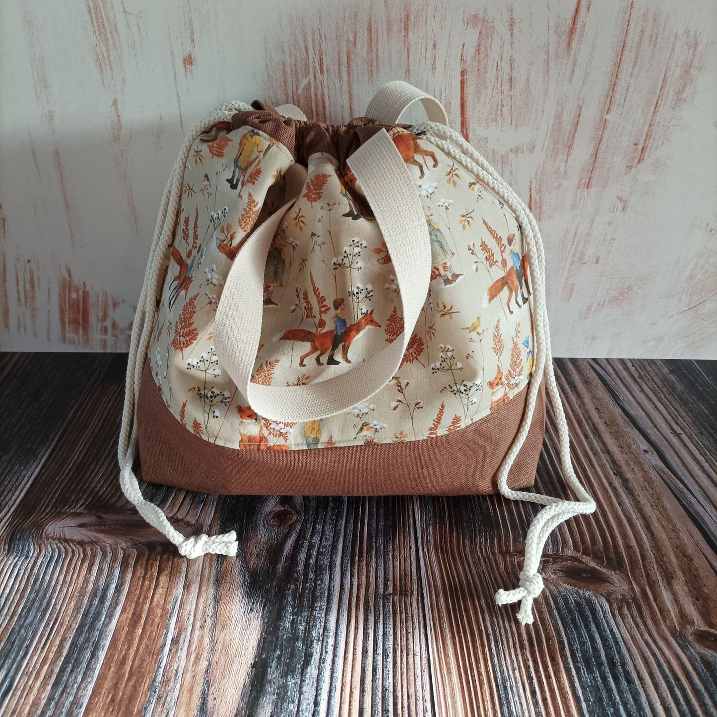 Projekttasche mit Kordelzug und Henkeln Größe M | Motiv Fuchsliebe (braun)