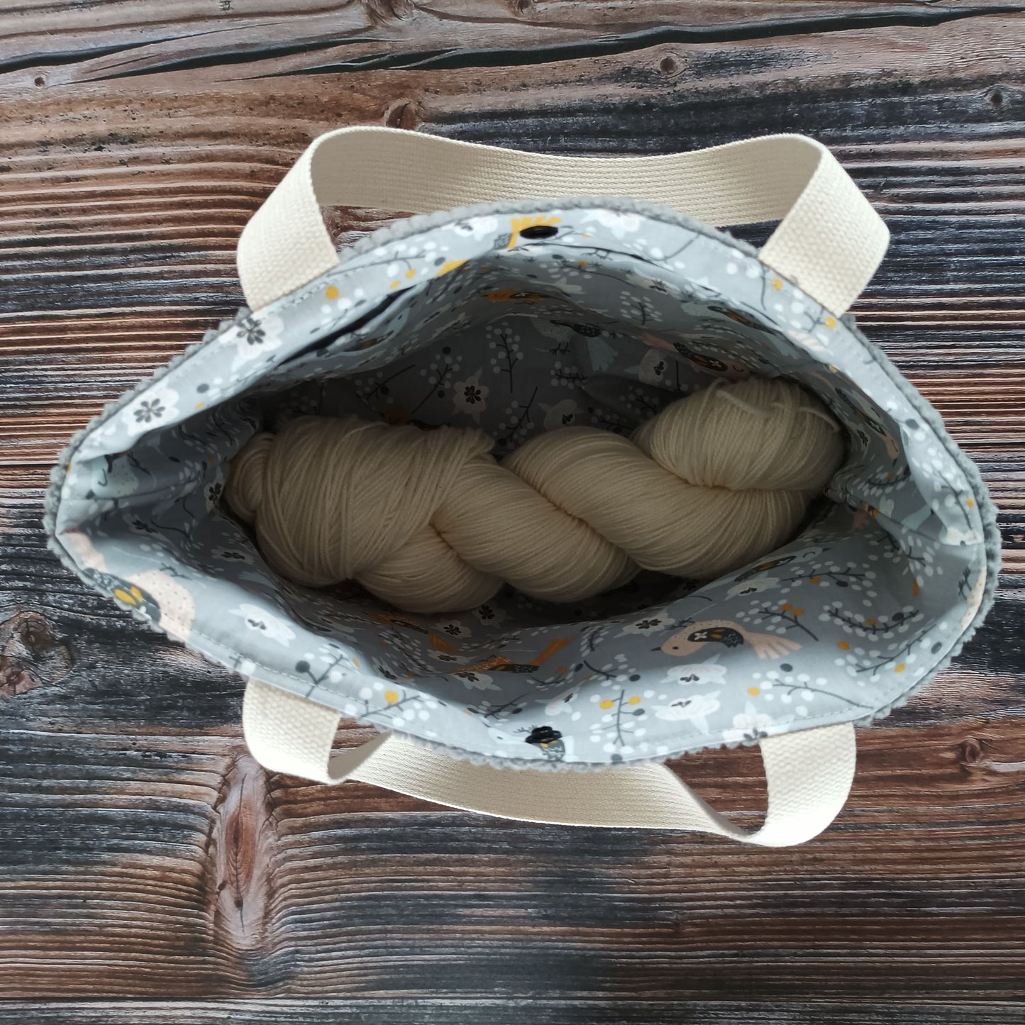 Projekttasche mit Druckknopf Größe S | Motiv Cord grau | Vögelchen