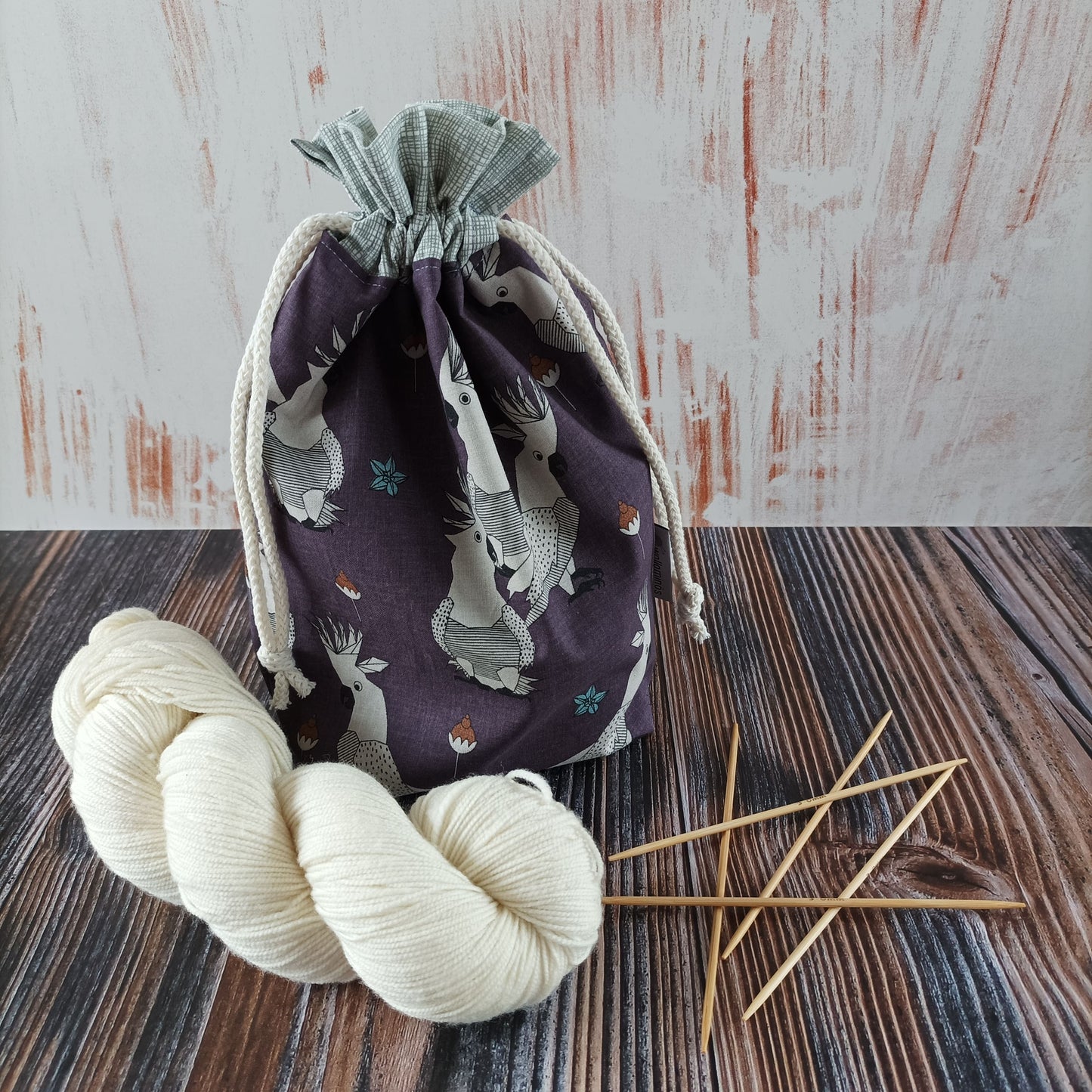 Projektbeutel | Geschenkbeutel | Stricktasche für unterwegs | Motiv Kakadu (grau kariert)