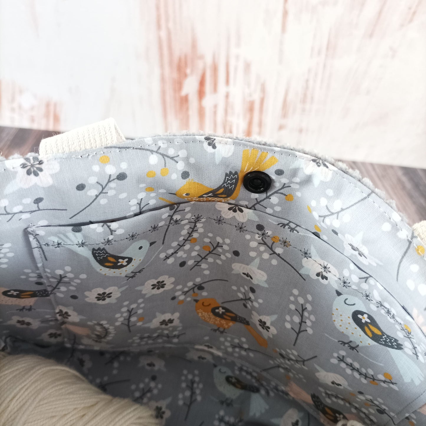 Projekttasche mit Druckknopf Größe S | Motiv Cord grau | Vögelchen