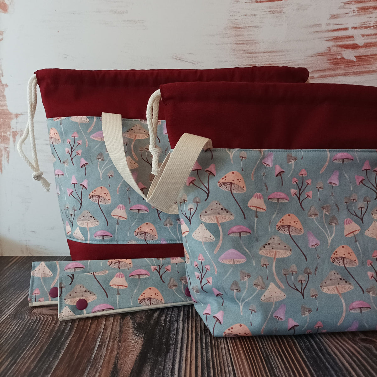 Projekttasche mit Kordelzug Größe S | Motiv Pilze
